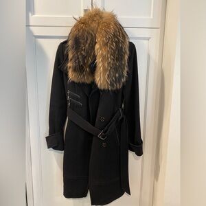 Andrew Marc Black Trench Coat with real Fur Collar